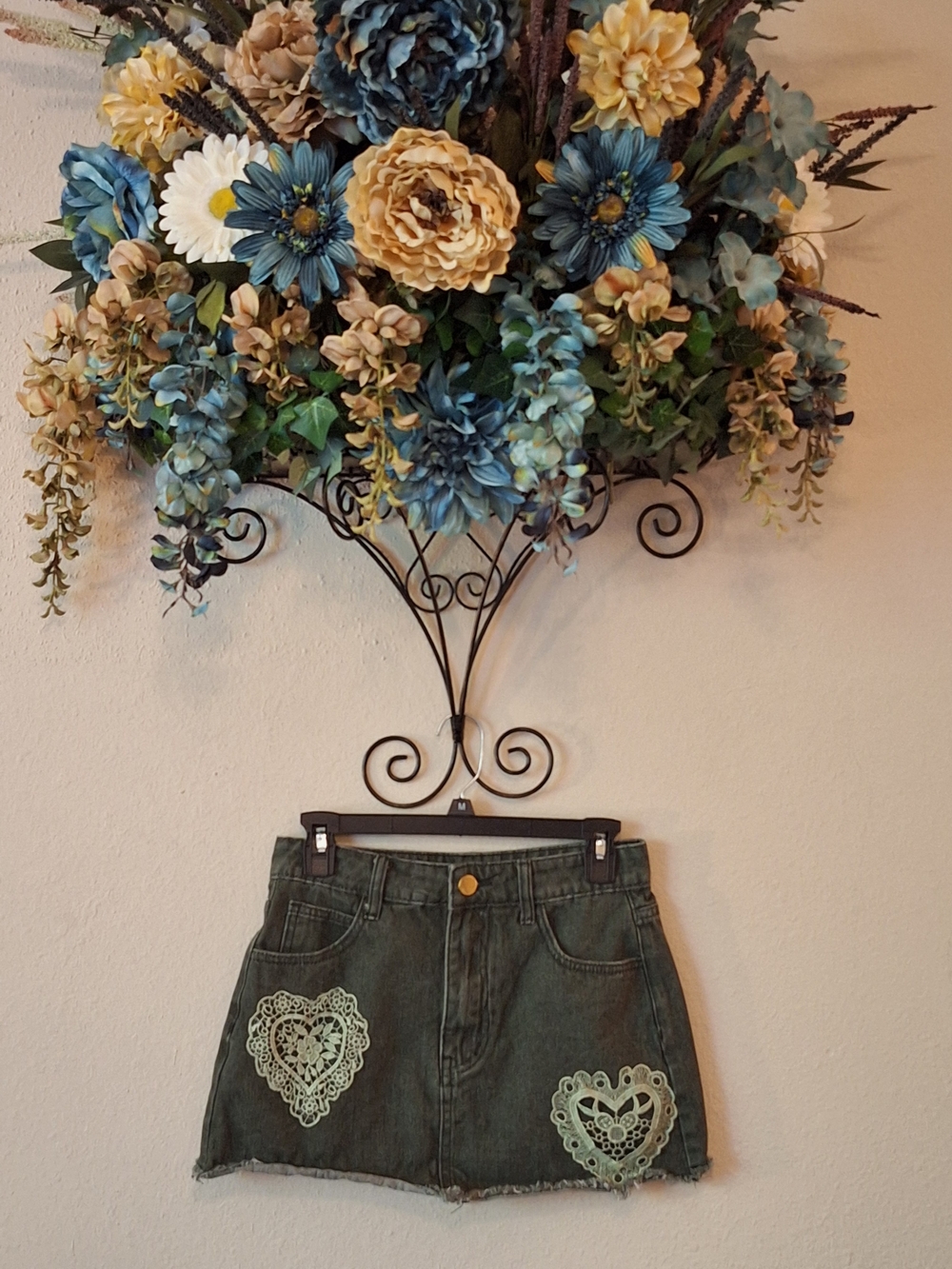 Cider Green Denim Mini Skirt with Lace Heart Appliqués. Size XS